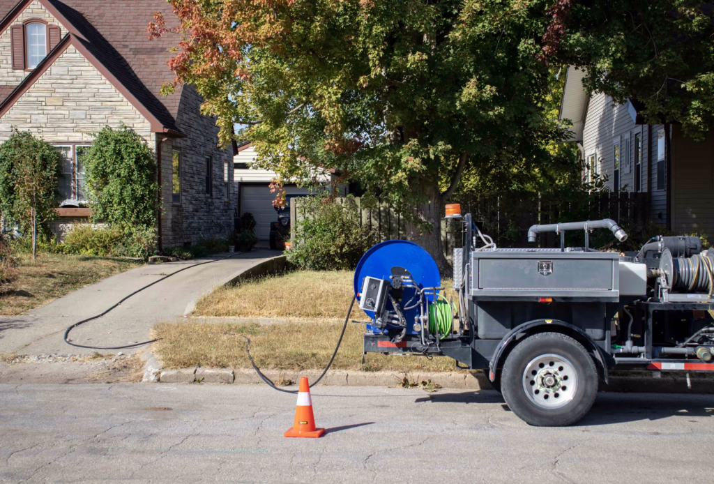 Clog Busters hydro jetter trailer cleaning a residential sewer line
